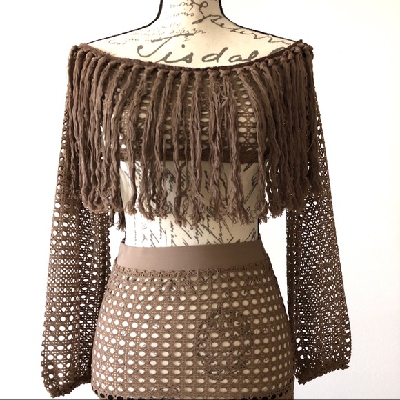 Beach Cover Up Crochet Knit Fringes Maxi Skirt Set - Picture 7 of 8